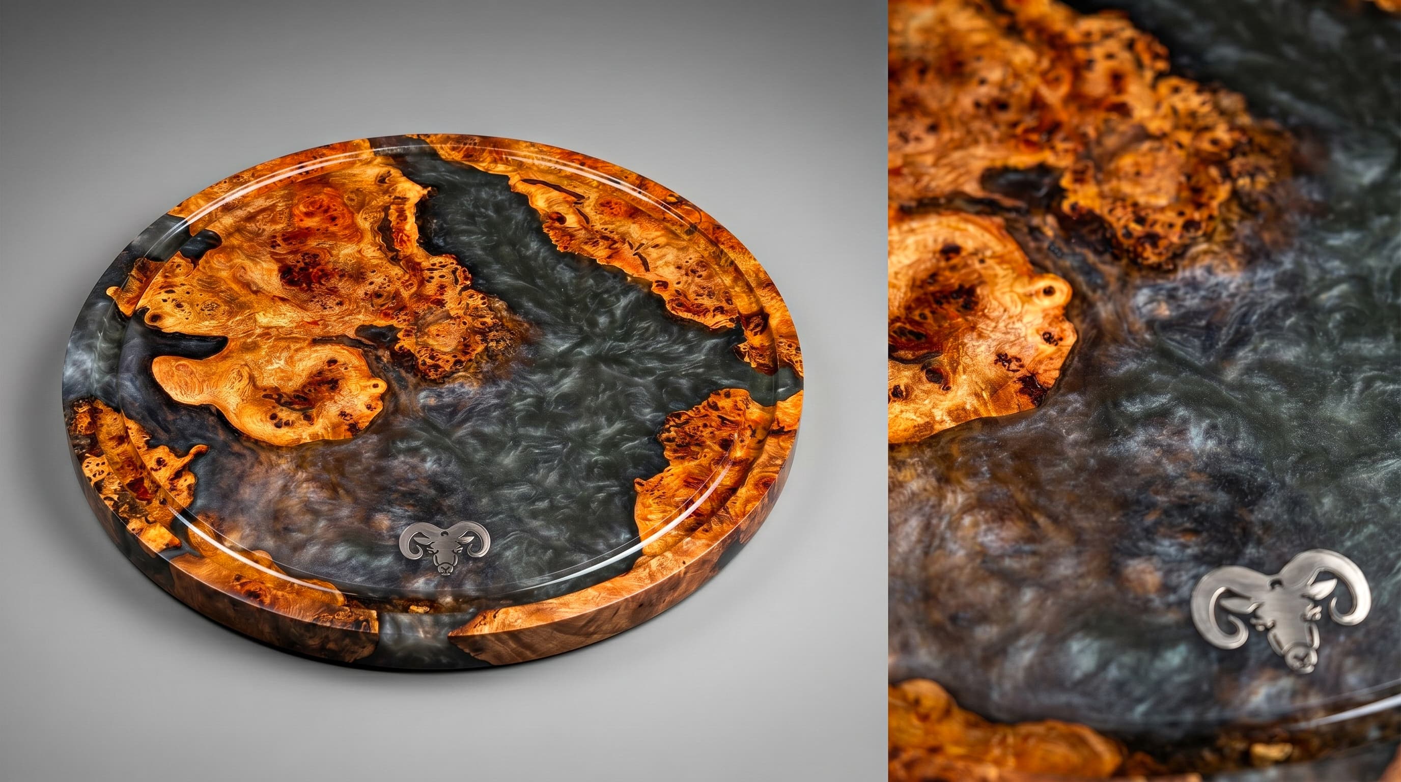 Tábua circular BecoWood em tons de madeira e preto, apresentada ao lado de um detalhe